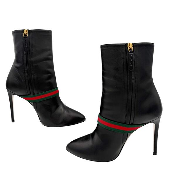 Gucci Sylvie Web Stripe Black Leather Boots High Heel Booties Size 37 US 7 - Picture 9 of 15
